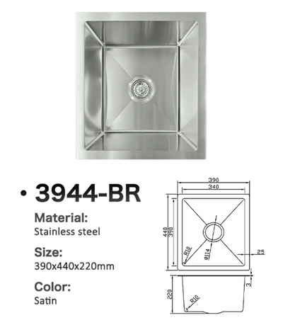 3944-BR Square Satin Stainless Steel Single Bowl Kitchen Sink, 390x440x220mm with technical dimensions.