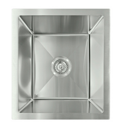 Modern square single bowl brushed stainless steel kitchen sink with center drain.