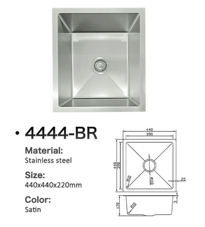 4444-BR Square Stainless Steel Single Bowl Sink, Satin Finish, 440x440mm, with technical dimensions diagram.