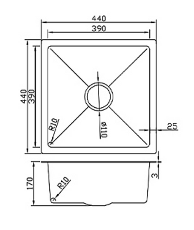 Dimensional drawing for a 440x440mm square single bowl kitchen sink with 170mm depth and R10 radius corners.