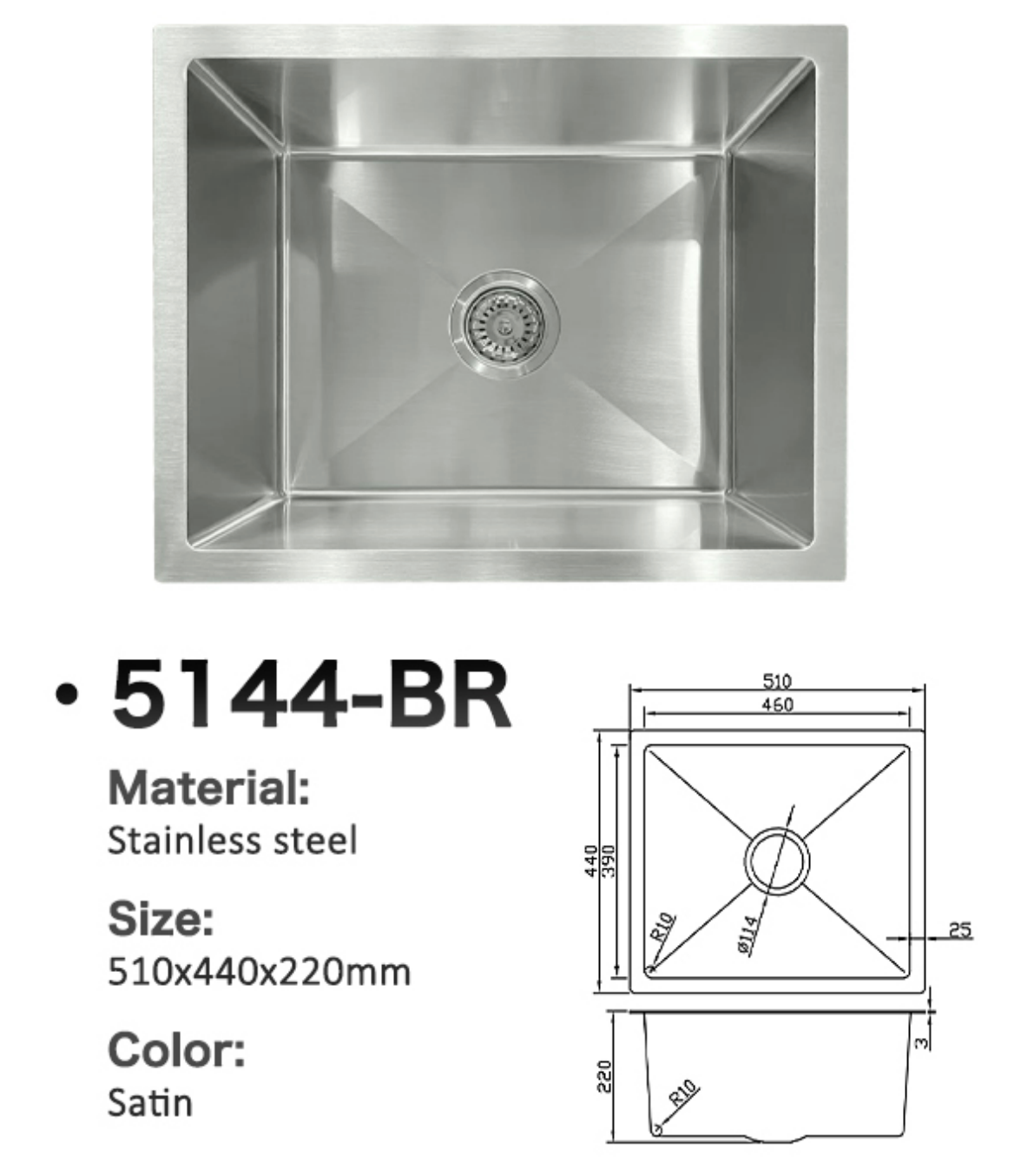 Satin finish stainless steel single bowl kitchen sink 5144-BR with technical dimension diagram.