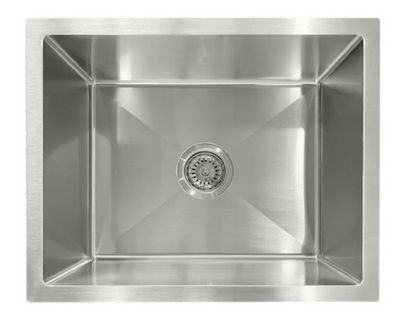Modern rectangular brushed stainless steel single bowl kitchen sink with center drain.