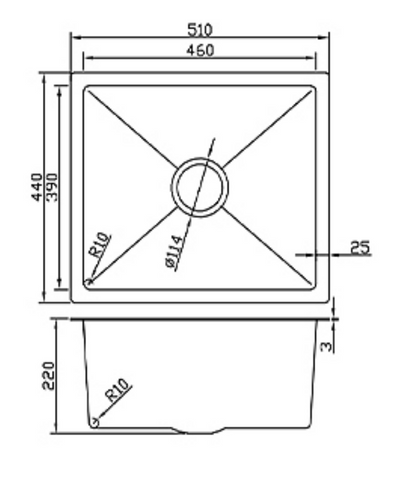 Technical schematic of a 510x440mm single bowl kitchen sink with 220mm depth and R10 corners.