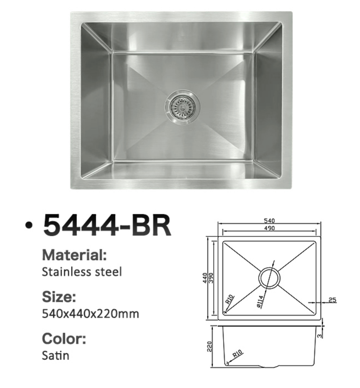 5444-BR Satin Stainless Steel Single Bowl Kitchen Sink with 540x440x220mm Technical Dimensions.