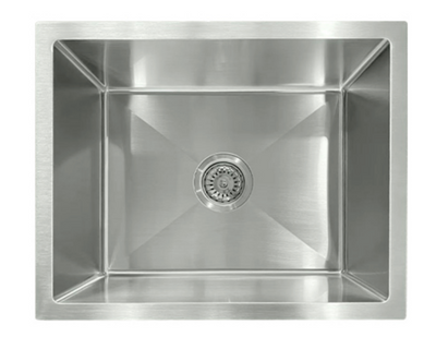 Modern rectangular brushed stainless steel single bowl kitchen sink with center drain and strainer.