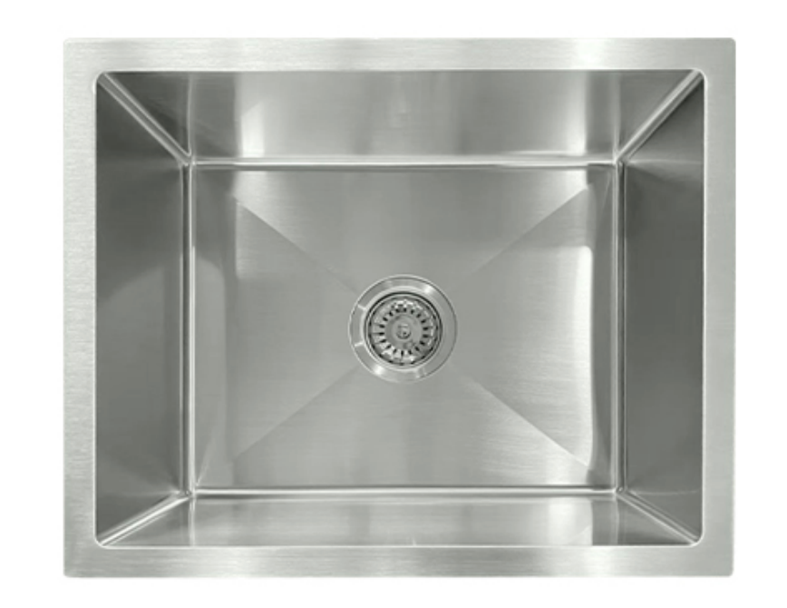 Modern rectangular brushed stainless steel single bowl kitchen sink with center drain and strainer.