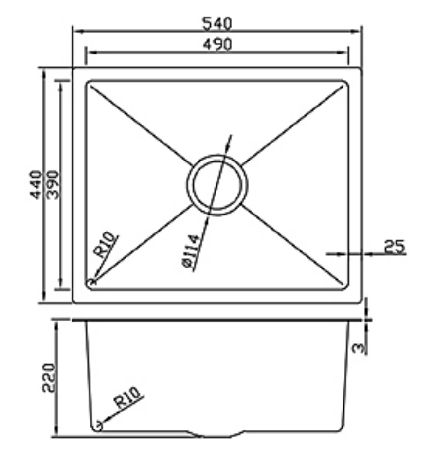Technical diagram showing 540x440mm dimensions for a single bowl rectangular kitchen sink with 220mm depth.