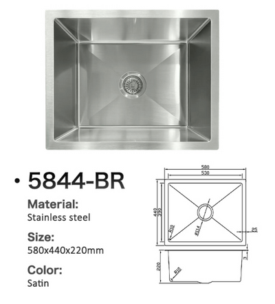 Satin stainless steel single bowl kitchen sink 5844-BR, 580x440x220mm, with technical dimensions diagram.