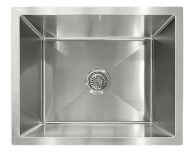 Modern brushed stainless steel undermount single bowl kitchen sink with center drain and X-channel grooves.