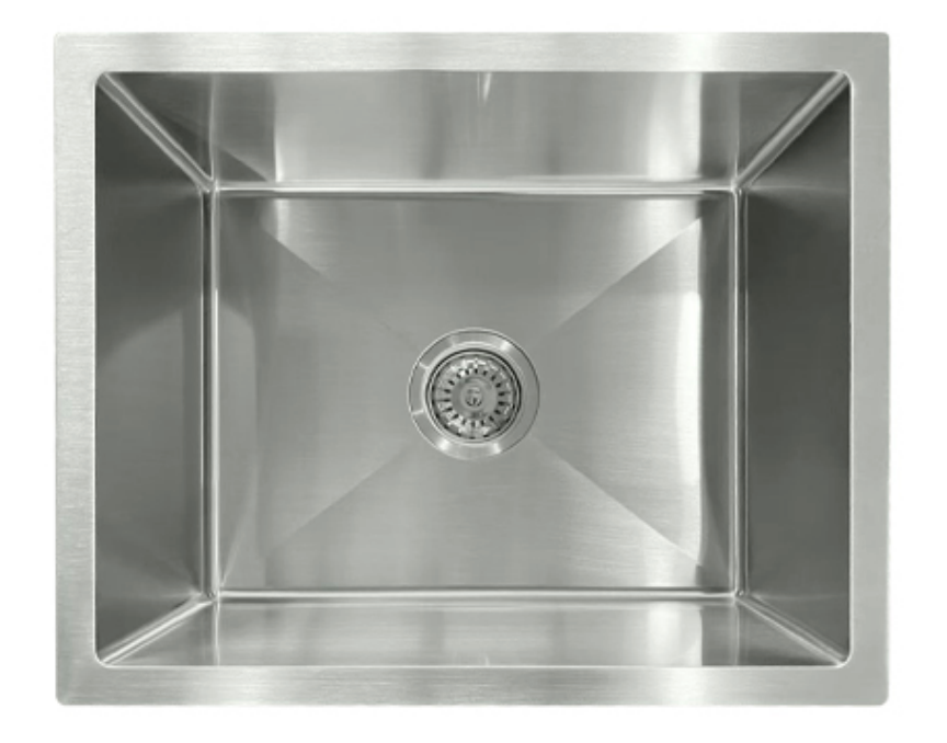 Modern brushed stainless steel undermount single bowl kitchen sink with center drain and X-channel grooves.