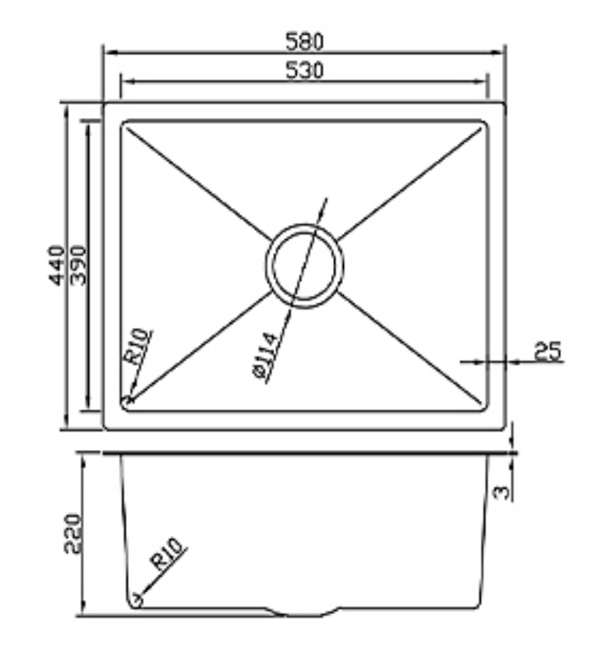 Technical drawing of a 580x440mm single bowl kitchen sink with dimensions and 220mm depth specifications.