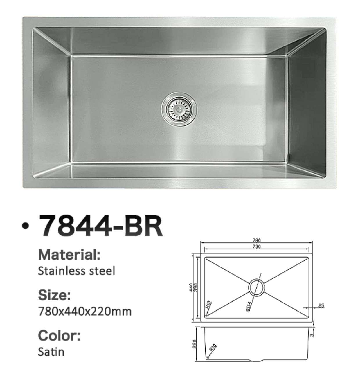 7844-BR Satin Stainless Steel Single Bowl Kitchen Sink, 780x440x220mm Rectangular Undermount Sink