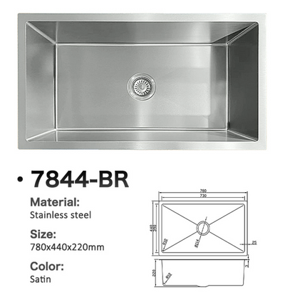 7844-BR Satin Stainless Steel Single Bowl Kitchen Sink, 780x440x220mm Rectangular Undermount Sink