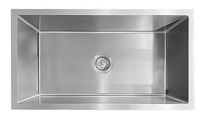 Rectangular stainless steel single bowl kitchen sink with center drain and strainer.