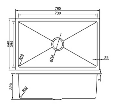 Technical dimensions for a 780x440mm single bowl kitchen sink with R10 radius corners and 220mm bowl depth.