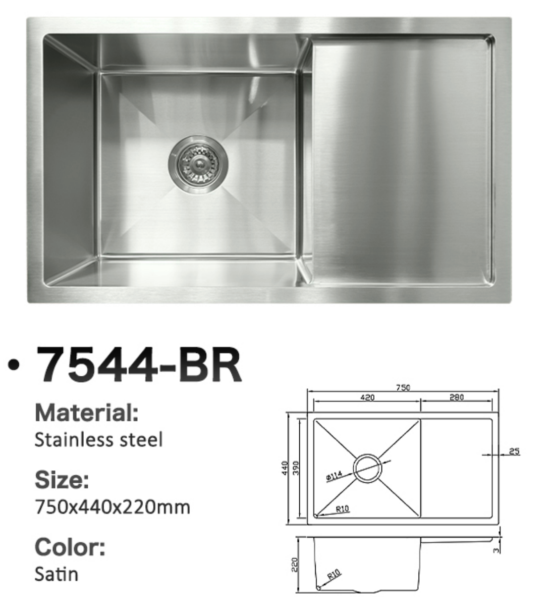 Satin stainless steel single bowl kitchen sink with drainboard and technical dimensions, model 7544-BR.