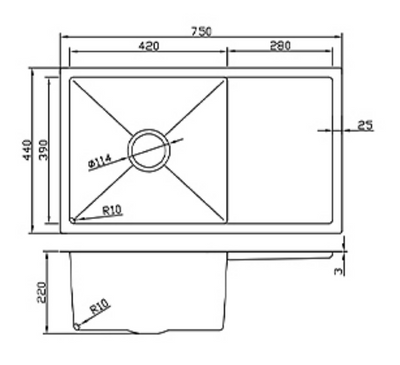 Technical drawing of a 750x440mm single bowl kitchen sink with drainboard, showing detailed dimensions and side profile.