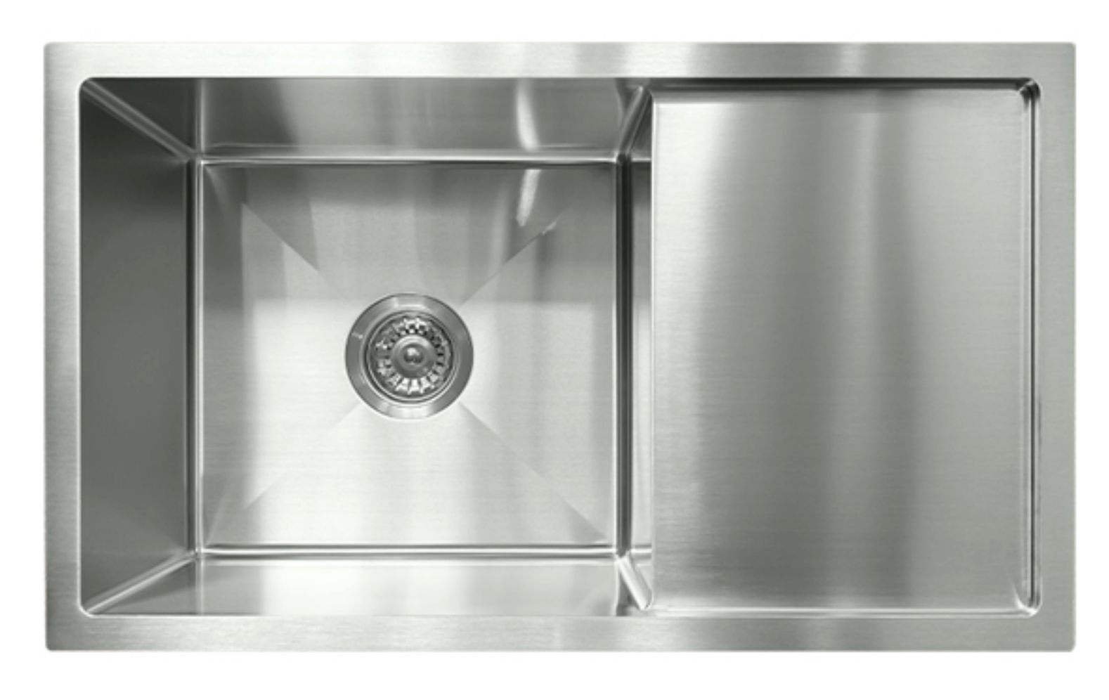 Modern brushed stainless steel single bowl kitchen sink with integrated side drainboard.