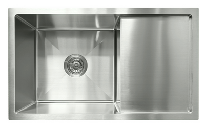 Modern brushed stainless steel single bowl kitchen sink with integrated side drainboard.