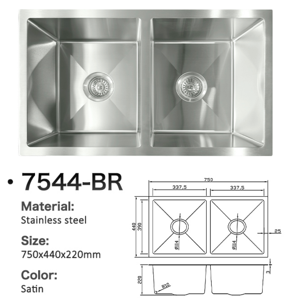 Double bowl satin stainless steel kitchen sink, 750x440x220mm, model 7544-BR with technical diagram.