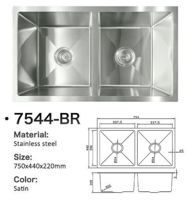 Double bowl satin stainless steel kitchen sink, 750x440x220mm, model 7544-BR with technical diagram.
