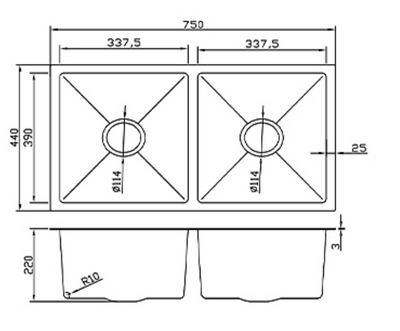 Technical dimension diagram for a 750x440mm double bowl kitchen sink with 220mm depth and R10 radius corners.