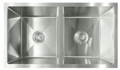 Modern brushed stainless steel double bowl undermount kitchen sink with geometric drainage grooves.