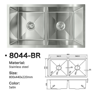 Satin stainless steel double bowl kitchen sink 8044-BR with technical dimensions and R10 corners.