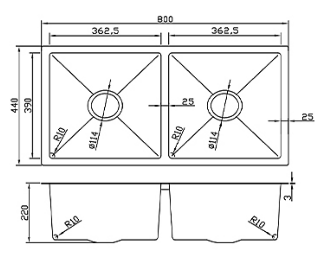 Technical drawing of 800x440mm double bowl kitchen sink showing detailed dimensions and basin measurements.