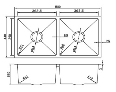 Technical drawing of 800x440mm double bowl kitchen sink showing detailed dimensions and basin measurements.