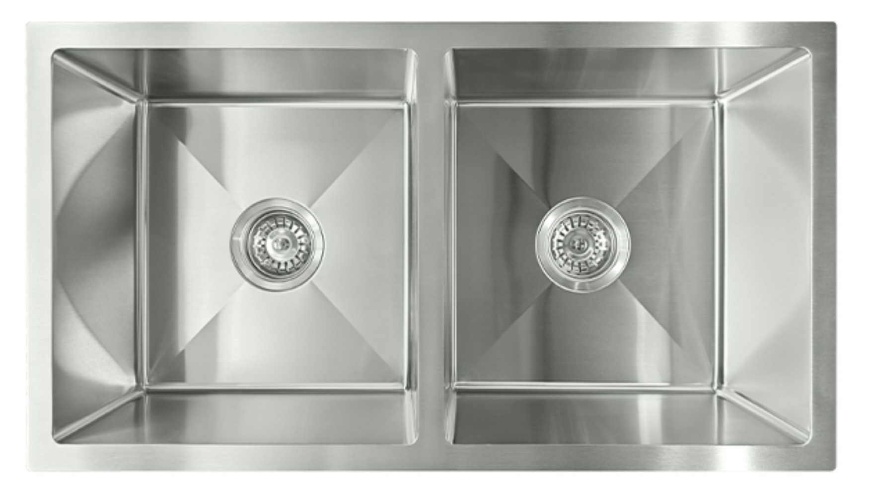 Double bowl stainless steel undermount kitchen sink with brushed finish and basket strainers.