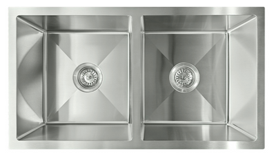 Double bowl stainless steel undermount kitchen sink with brushed finish and basket strainers.