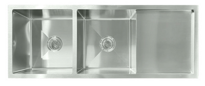 Modern brushed stainless steel double bowl kitchen sink with integrated drainboard.