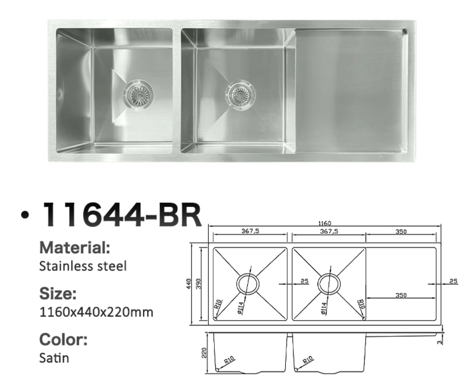 Double bowl stainless steel kitchen sink with drainboard, satin finish and technical dimensions, model 11644-BR.