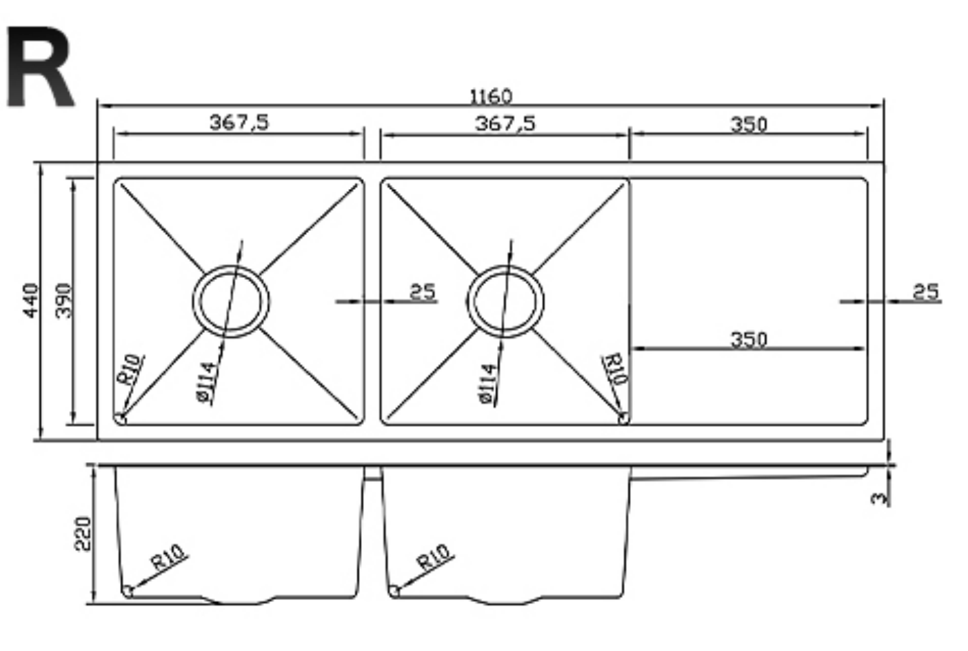 Technical drawing of a double bowl kitchen sink with right drainer board, dimensions 1160x440x220mm.