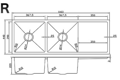 Technical drawing of a double bowl kitchen sink with right drainer board, dimensions 1160x440x220mm.