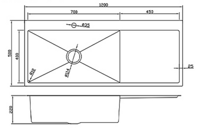 Technical drawing of a 1200mm single bowl kitchen sink with drainer board showing dimensions.