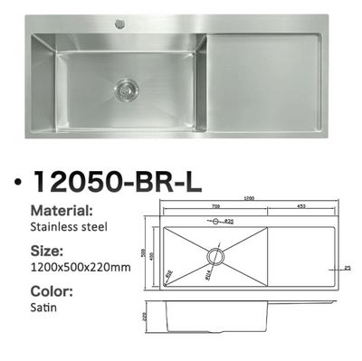 Satin finish stainless steel single bowl kitchen sink with drainer, 1200x500x220mm, model 12050-BR-L.
