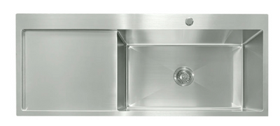 Modern silver stainless steel kitchen sink with single bowl and integrated left-side drainboard.