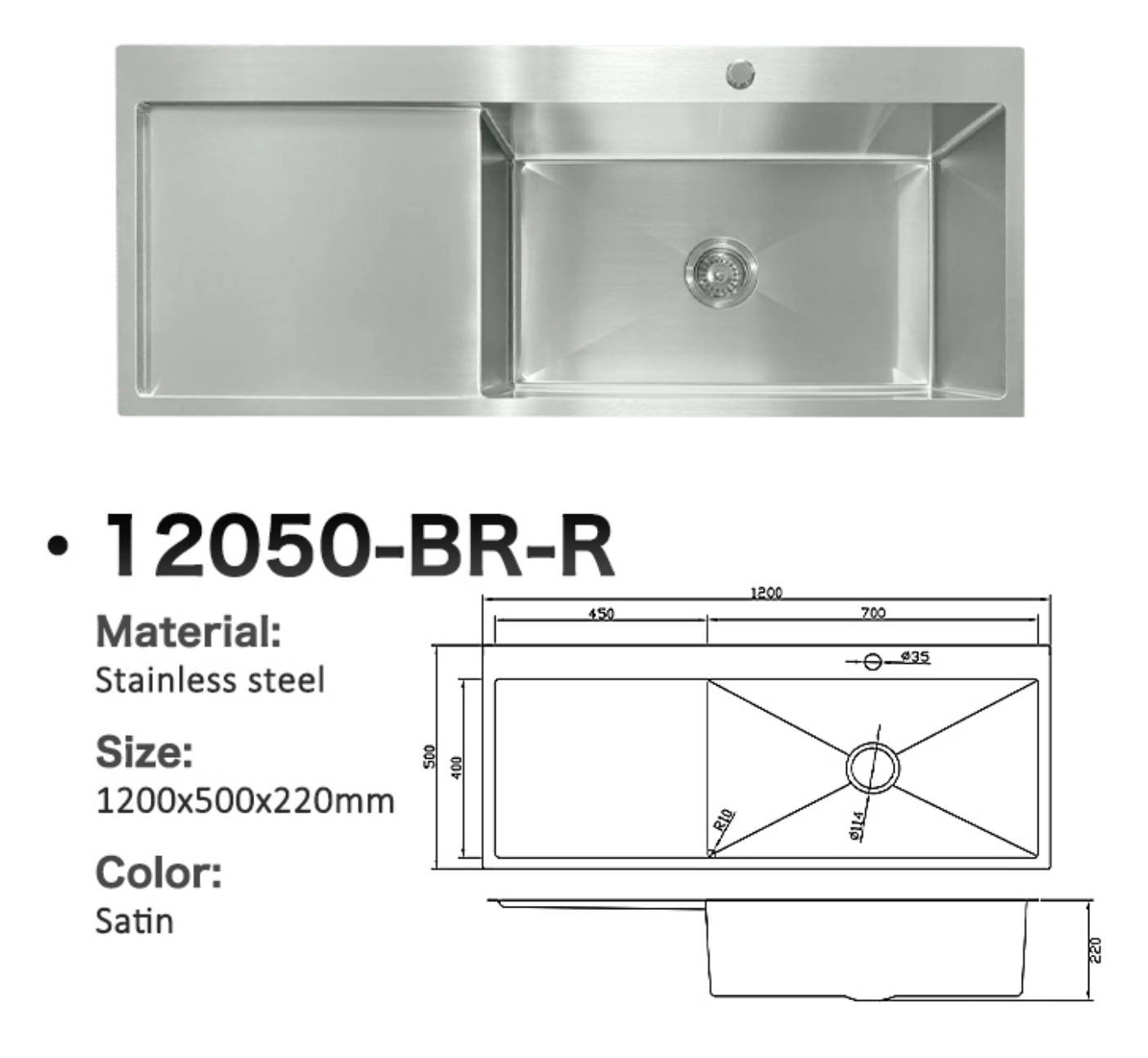 Satin stainless steel single bowl kitchen sink with drainboard, 1200x500mm, model 12050-BR-R.