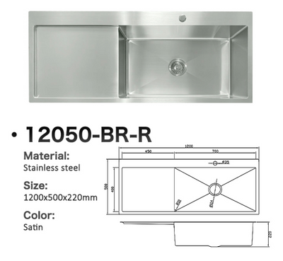 Satin stainless steel single bowl kitchen sink with drainboard, 1200x500mm, model 12050-BR-R.
