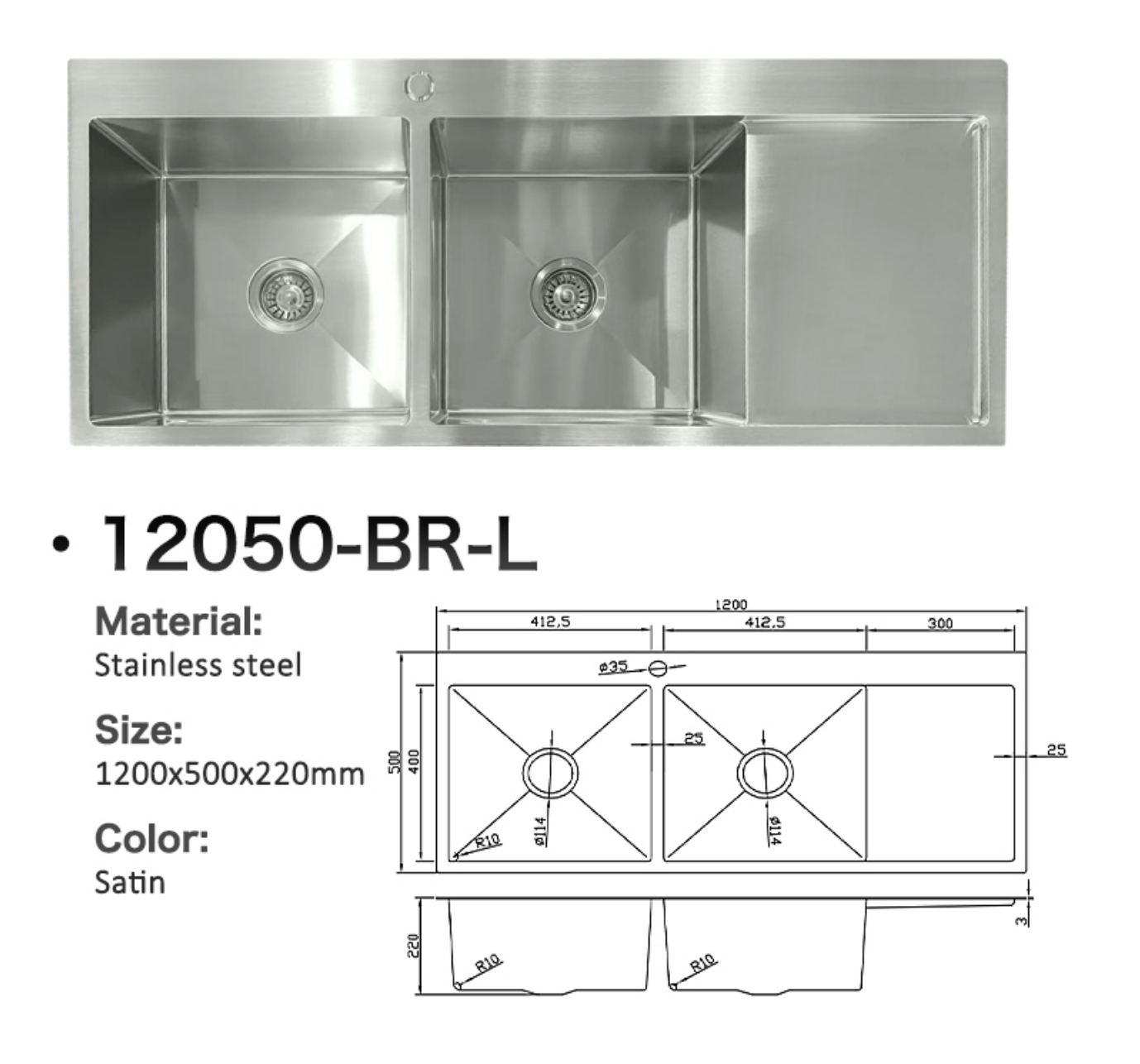 Satin stainless steel double bowl kitchen sink with drainboard and dimensions, model 12050-BR-L.