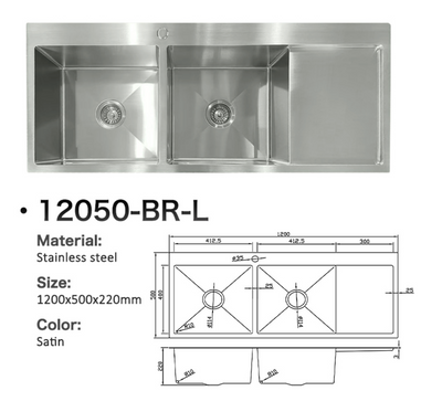 Satin stainless steel double bowl kitchen sink with drainboard and dimensions, model 12050-BR-L.