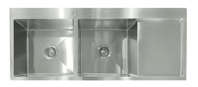 Brushed stainless steel double bowl kitchen sink with integrated side drainboard and pre-drilled tap hole.