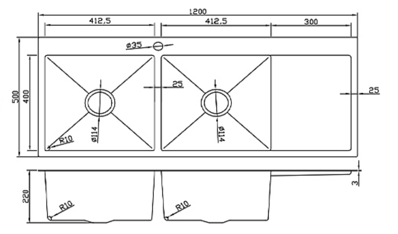 Technical dimension diagram for a 1200mm double bowl kitchen sink with integrated drainboard.