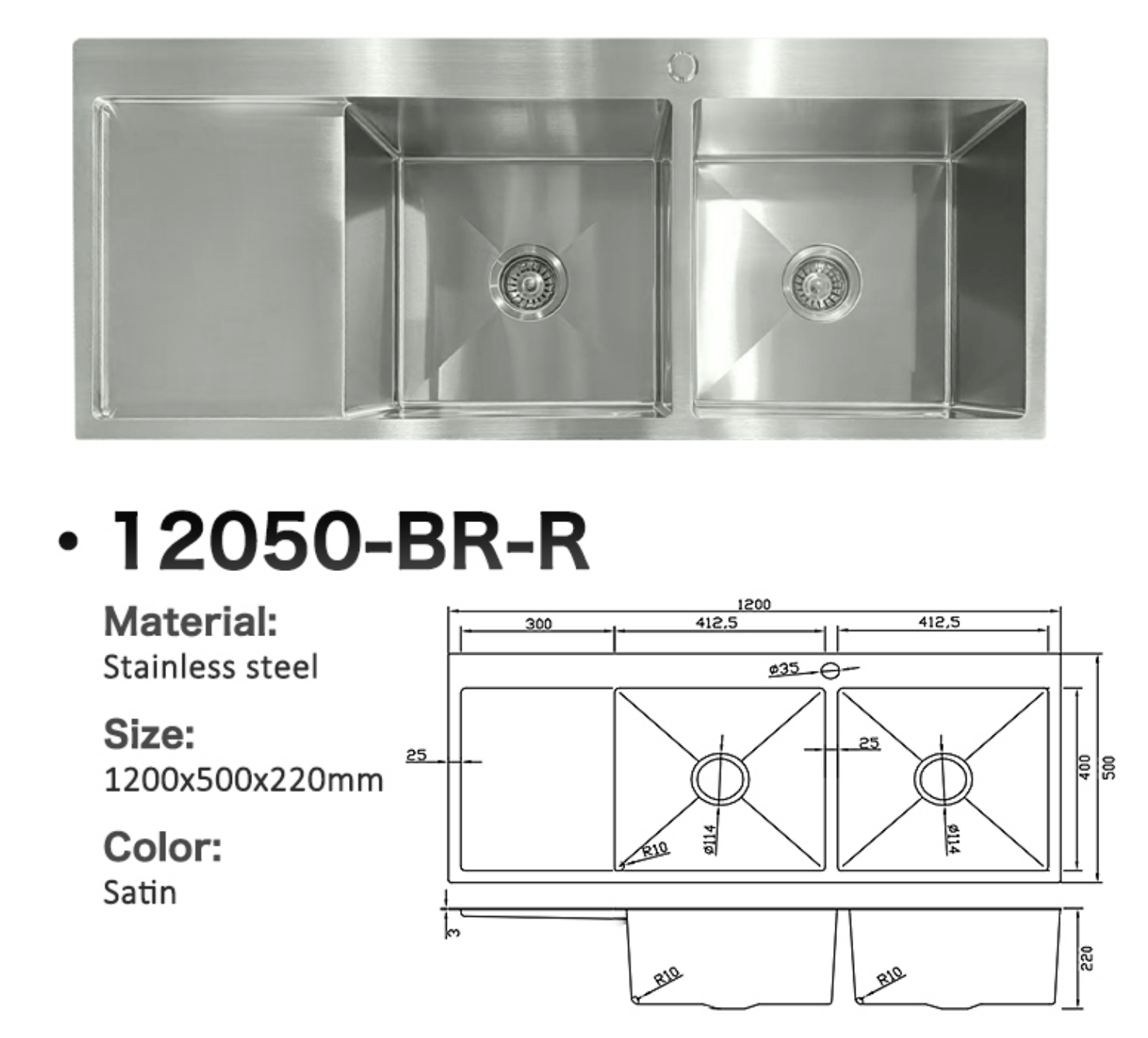 Double bowl stainless steel kitchen sink with side drainboard, satin finish, 1200x500x220mm.