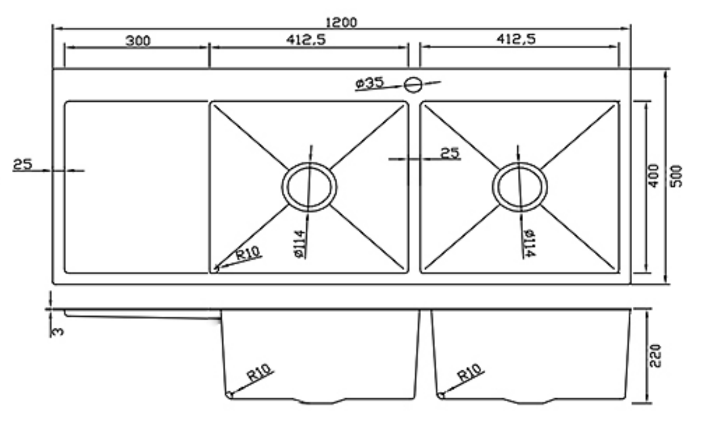 Technical drawing of a 1200mm double bowl kitchen sink with side drainer, showing dimensions and tap hole placement.