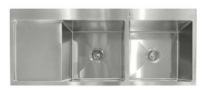 Modern brushed stainless steel double bowl kitchen sink with integrated drainboard.