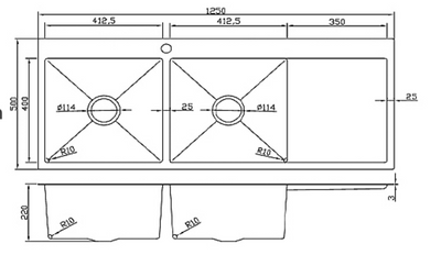Technical drawing of a double bowl kitchen sink with drainboard, including 1250x500mm dimensions.