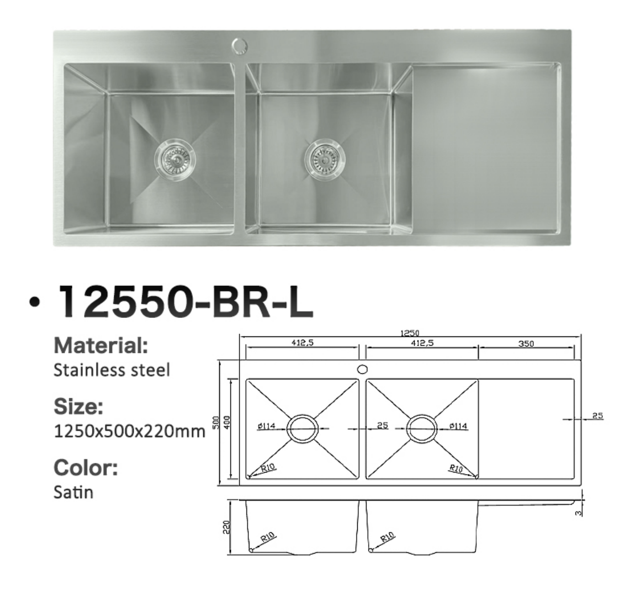 Double bowl satin stainless steel kitchen sink with drainboard and technical dimensions, model 12550-BR-L.